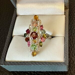 Mixed Shapes Multi Tourmaline White Zircon Rhodium over Sterling Silver. Sz 7.